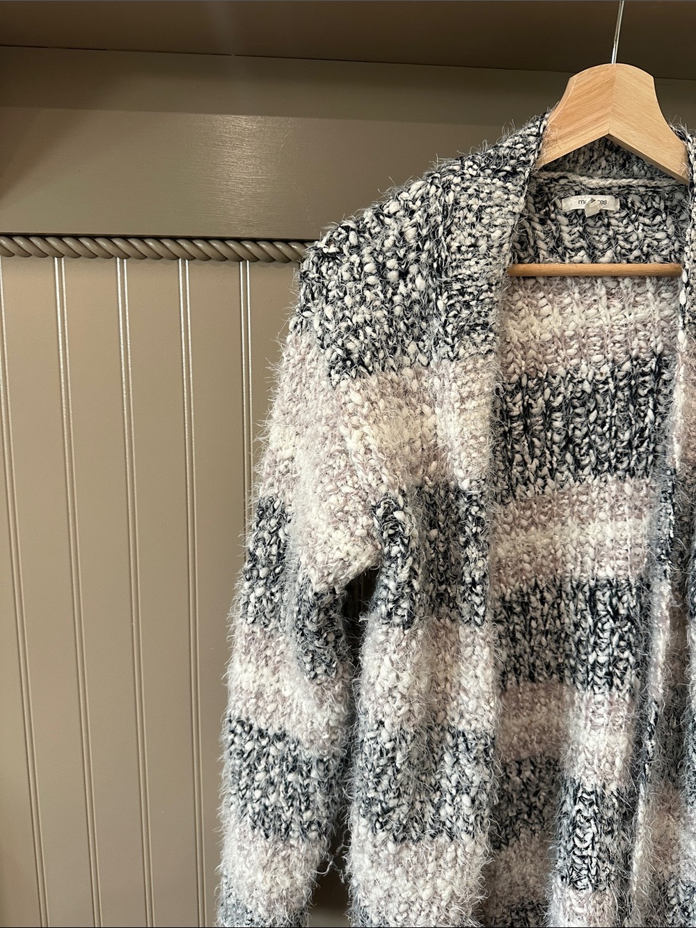 Maurices Striped Fuzzy Open Cardigan in Gray, Cream, Brown - Picture 2 of 4